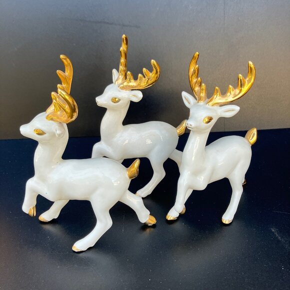 White Porcelain Reindeer With Gold Horns - Set of 3** - Picture 2 of 16
